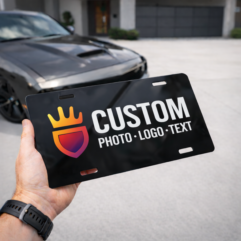 Customer holding a custom printed aluminum license plate